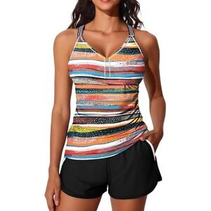 Summer Mae Tankini Swimsuit Set Size 12 Striped Swim Top Shorts Pockets Modest